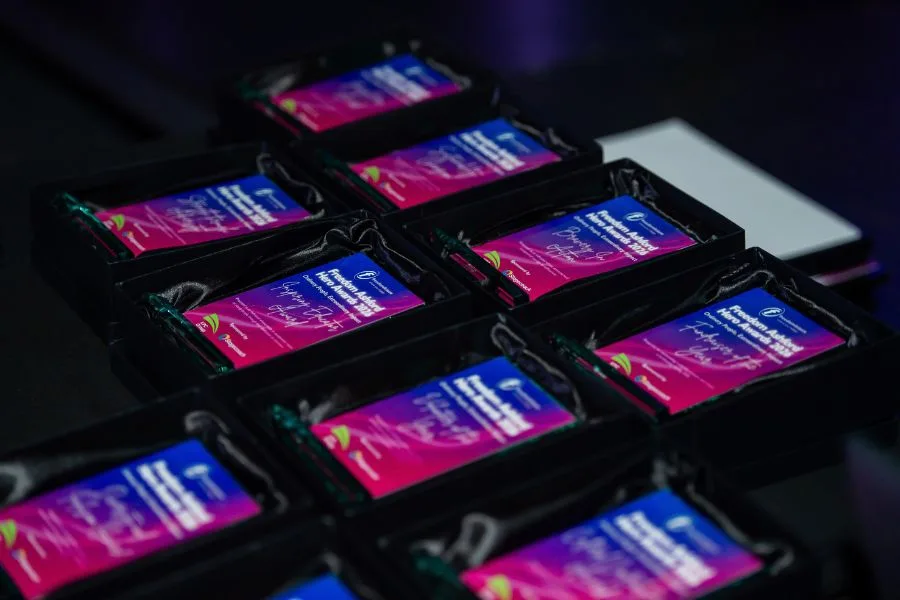 Boxed Freedom Ashford Hero Awards plaques laid out on a table