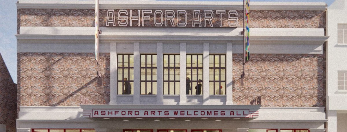 Architect's visual of the restored former Odeon frontage on Ashford High Street, with the brick facade, tall first-floor windows and lettering reading Ashford Arts Welcomes All