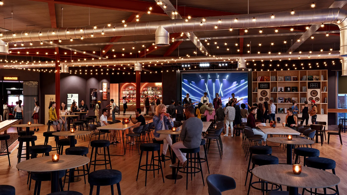 A designer's visualisation of the live lounge at Loop, with a stage, a bar, a karaoke room and record shelving